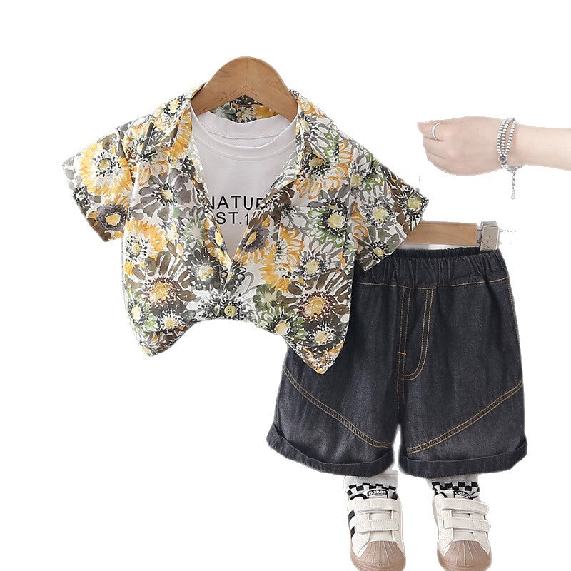 Flower shirt short sleeved three piece set for baby children's clothing