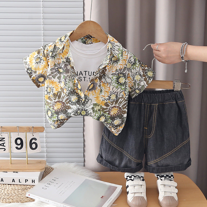 Flower shirt short sleeved three piece set for baby children's clothing