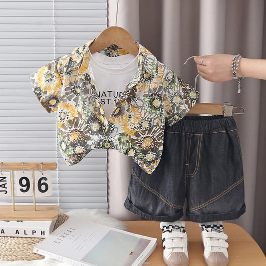 Flower shirt short sleeved three piece set for baby children's clothing