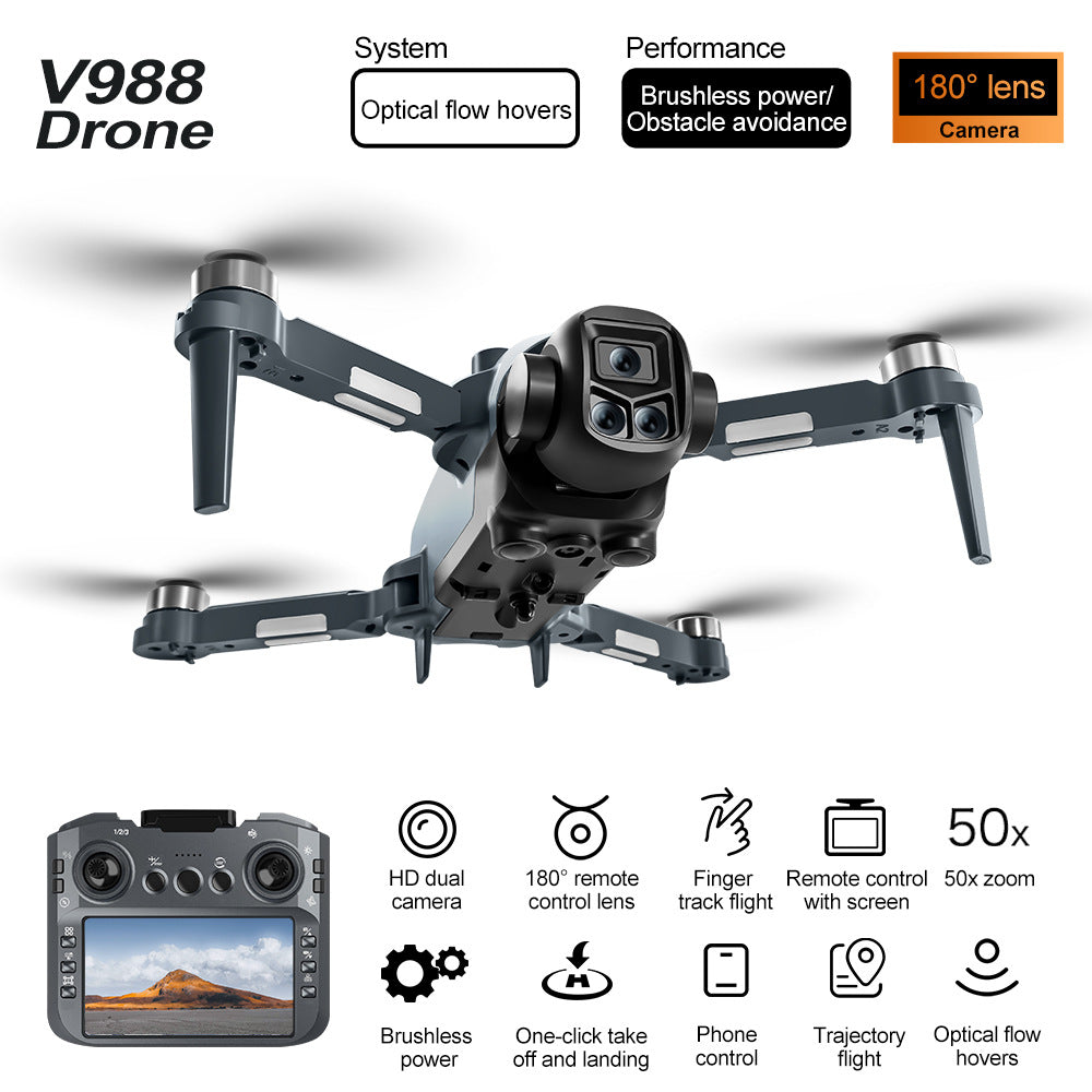V988 Drone with Triple Cameras, Screen, Optical Flow Positioning, 8K HD Aerial Photography, Obstacle Avoidance Flying Device